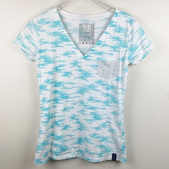 5 POINTS | White T Shirt Blue Wavy Print Black Polka Dot Pocket M - Picture 1 of 5
